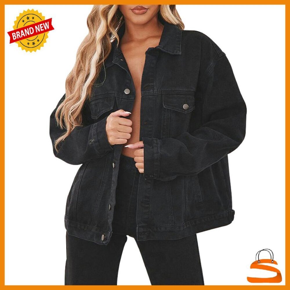 Oversized Denim Trucker Jacket Women's Distressed Long Sleeve Button Up